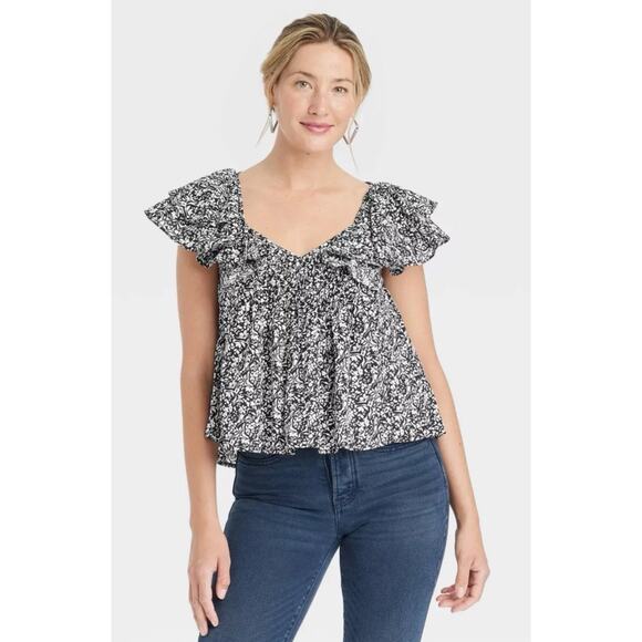 Wild Fable Women's Ruffle Short Sleeve Blouse, Black And White Small New - Picture 1 of 6